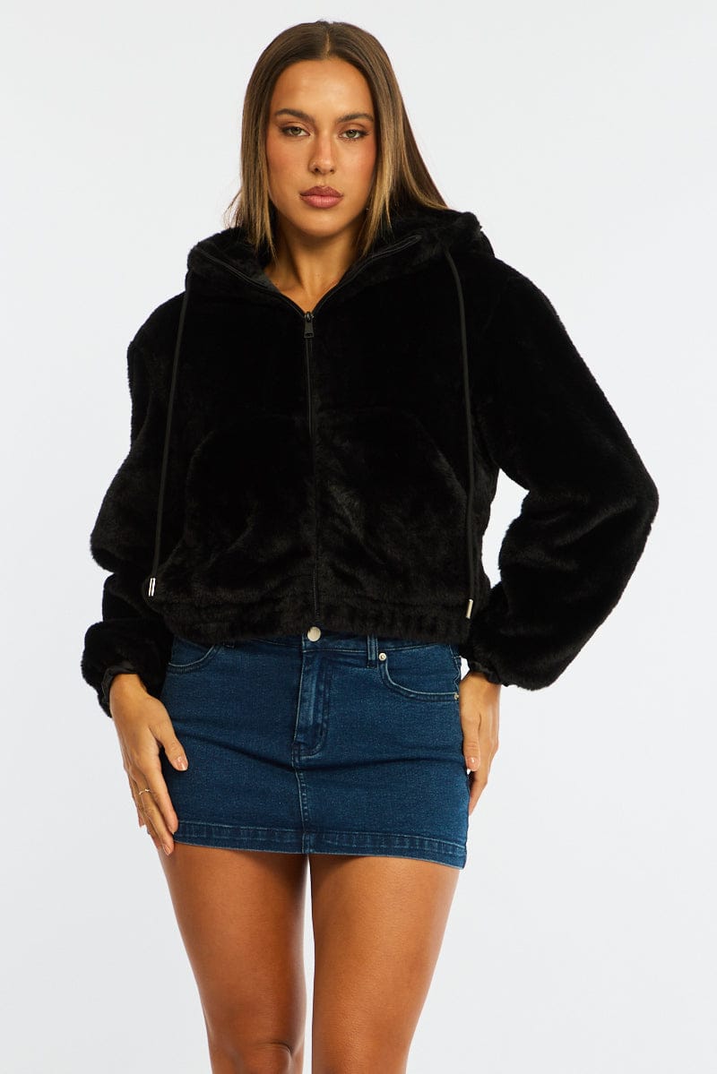Black Faux Fur Jacket Hoodie for Ally Fashion