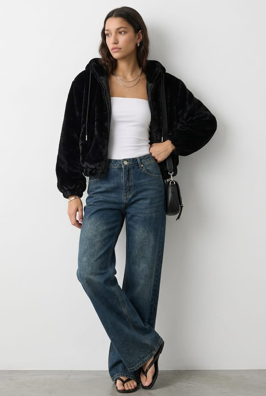 Black Faux-Fur Jacket Hoodie from Ally Fashion