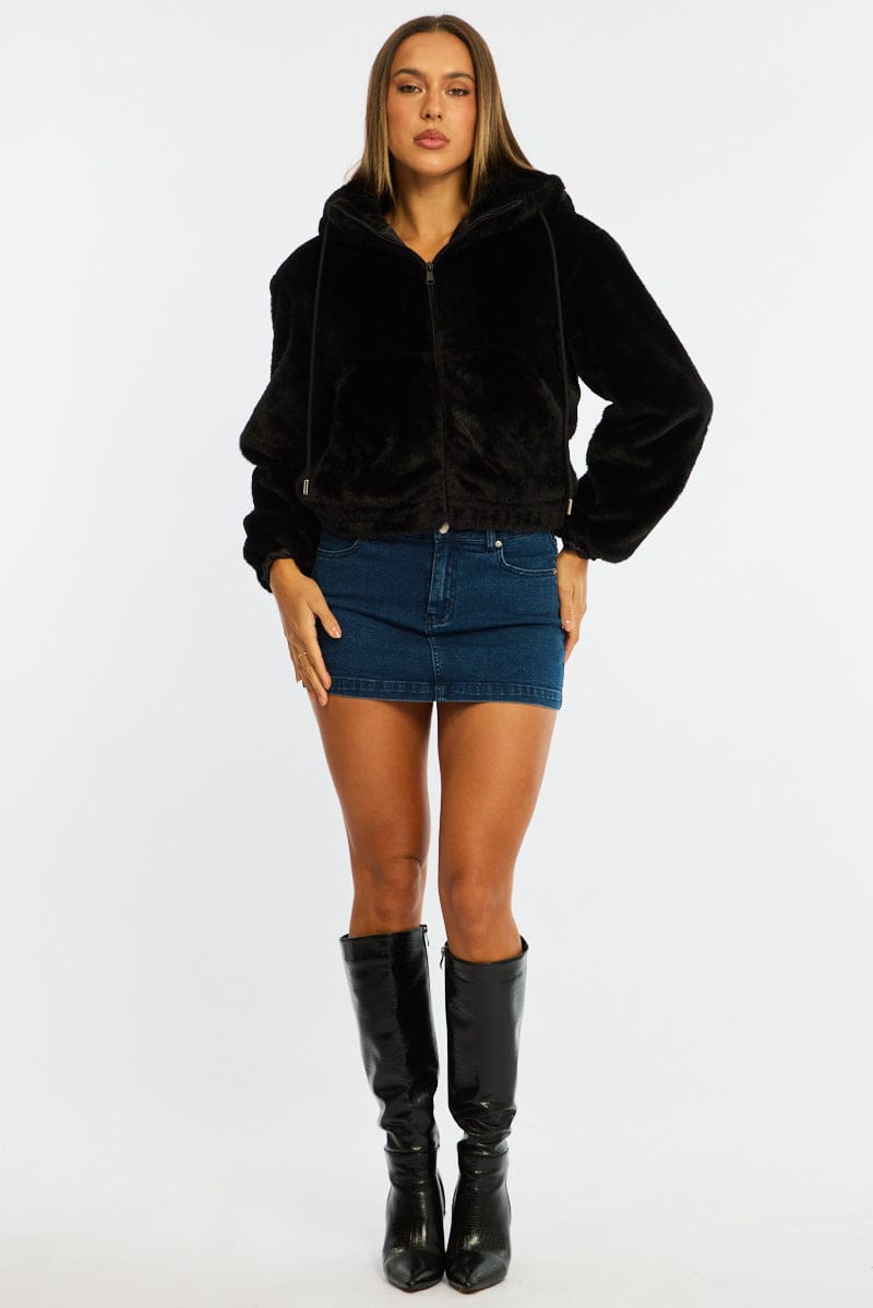 Black Faux Fur Jacket Hoodie for Ally Fashion