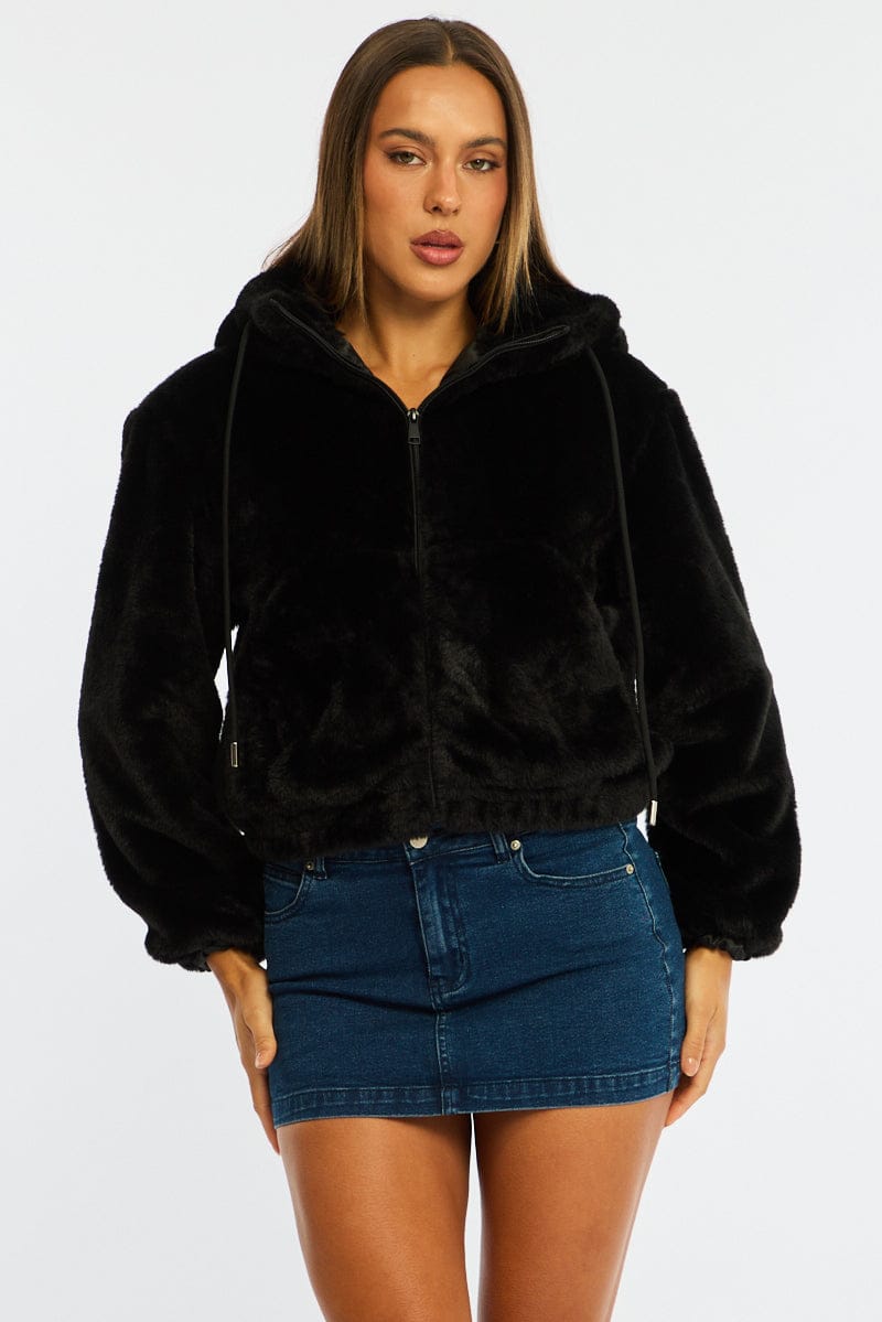 Black Faux Fur Jacket Hoodie for Ally Fashion