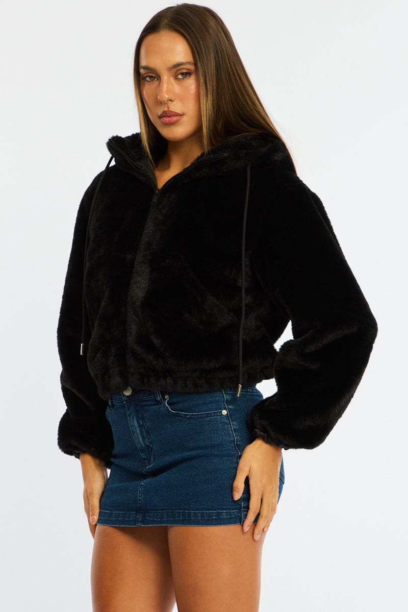 Black Faux Fur Jacket Hoodie for Ally Fashion