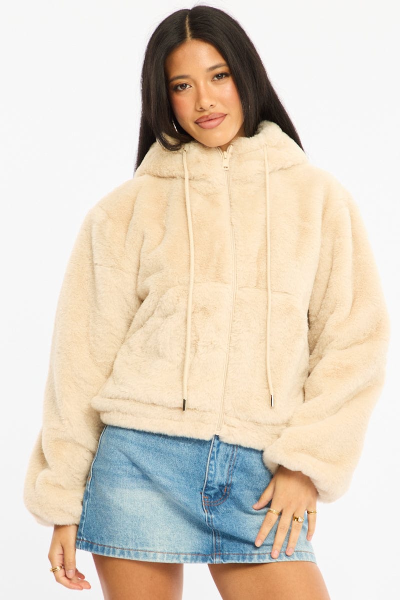 Beige Faux Fur Jacket Hoodie for Ally Fashion