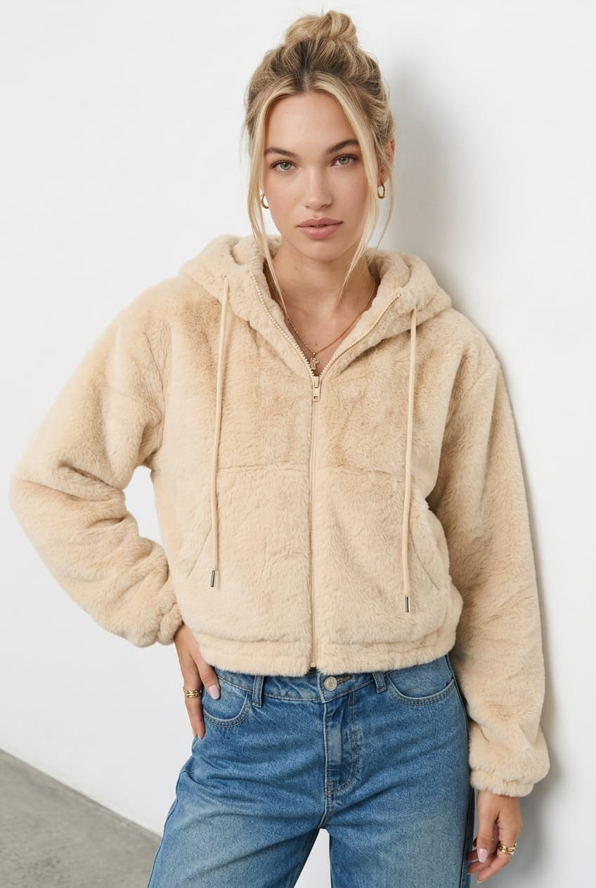 Beige Faux Fur Jacket Hoodie for Ally Fashion