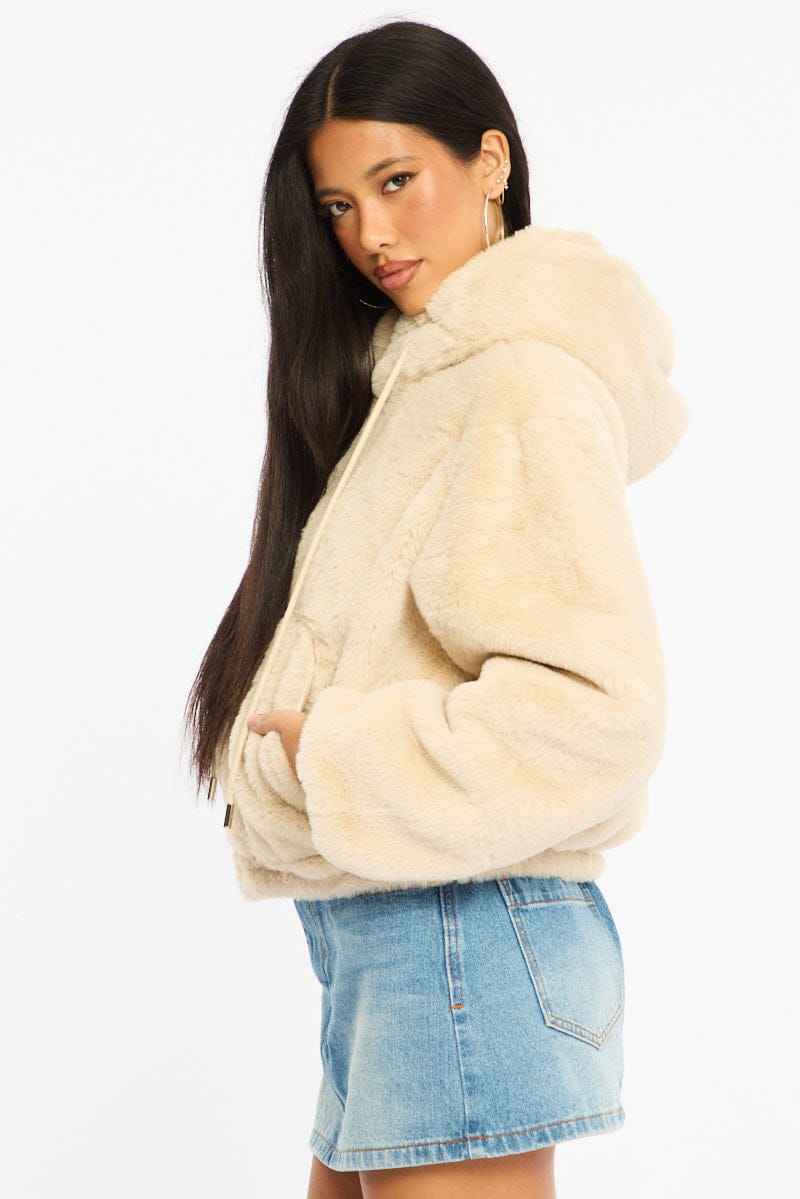 Beige Faux Fur Jacket Hoodie for Ally Fashion