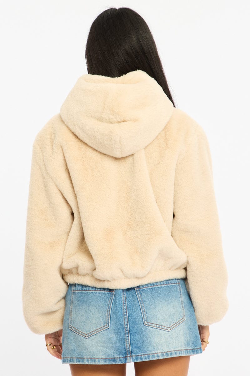 Beige Faux Fur Jacket Hoodie for Ally Fashion