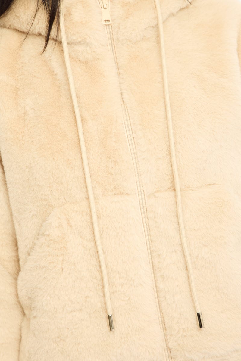 Beige Faux Fur Jacket Hoodie for Ally Fashion