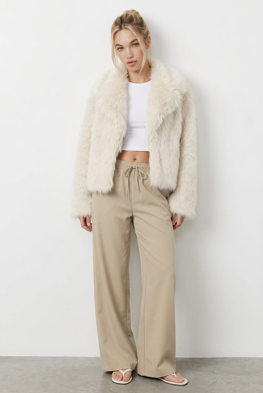 Beige Faux Fur Jacket for Ally Fashion