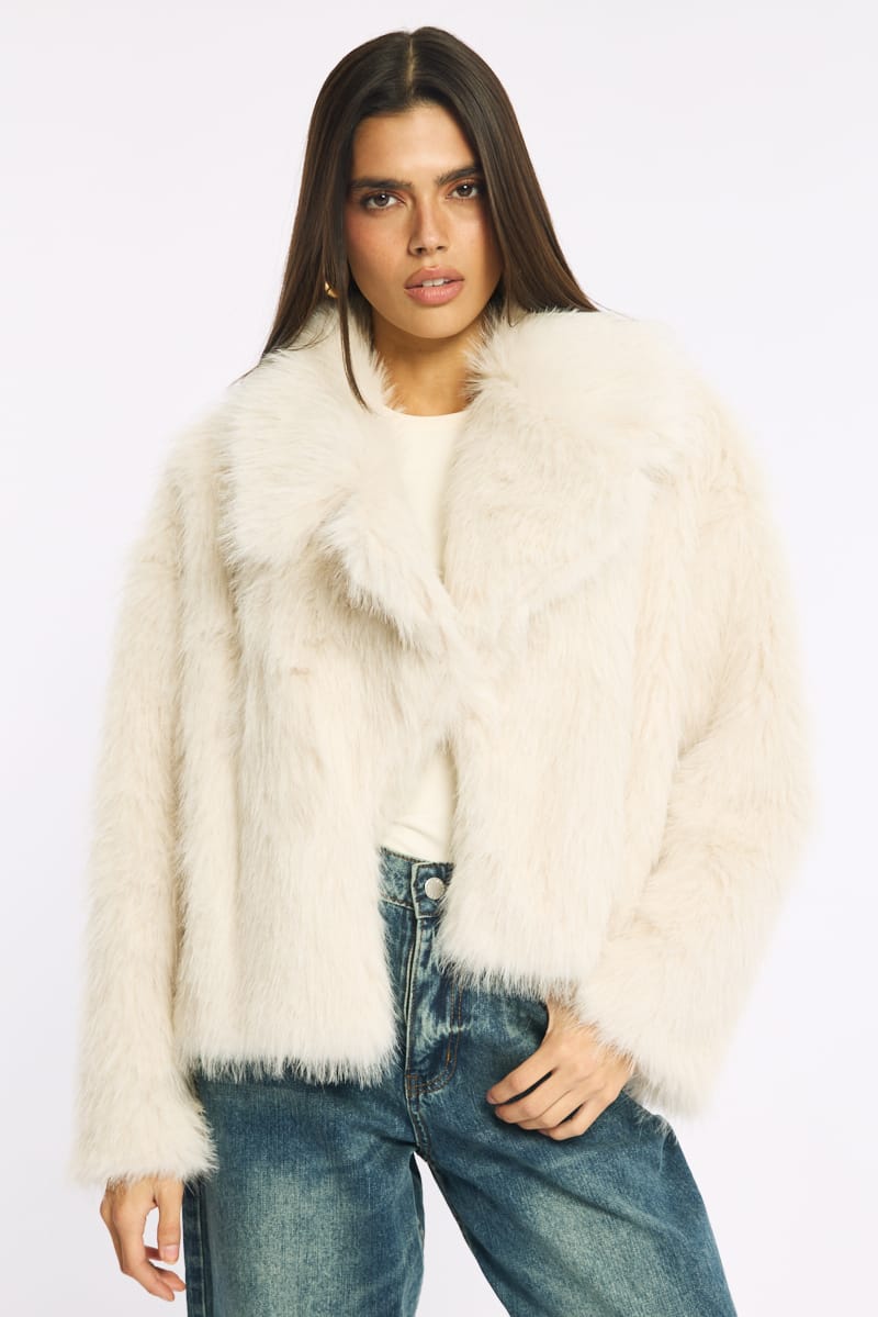 Beige Faux Fur Jacket for Ally Fashion