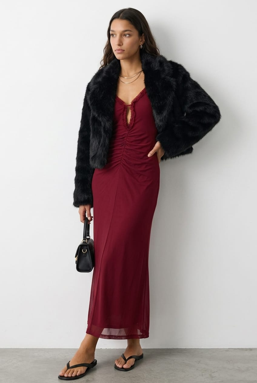 Ally Fashion black faux fur jacket with long sleeves and short regular fit