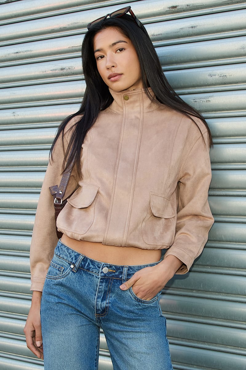 Beige Bomber Jacket Suede for Ally Fashion