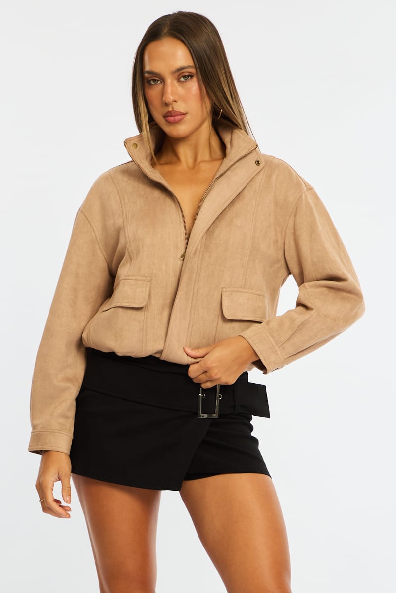 Beige Bomber Jacket Suede for Ally Fashion