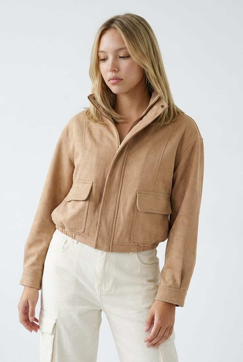 Beige Bomber Jacket Suede for Ally Fashion