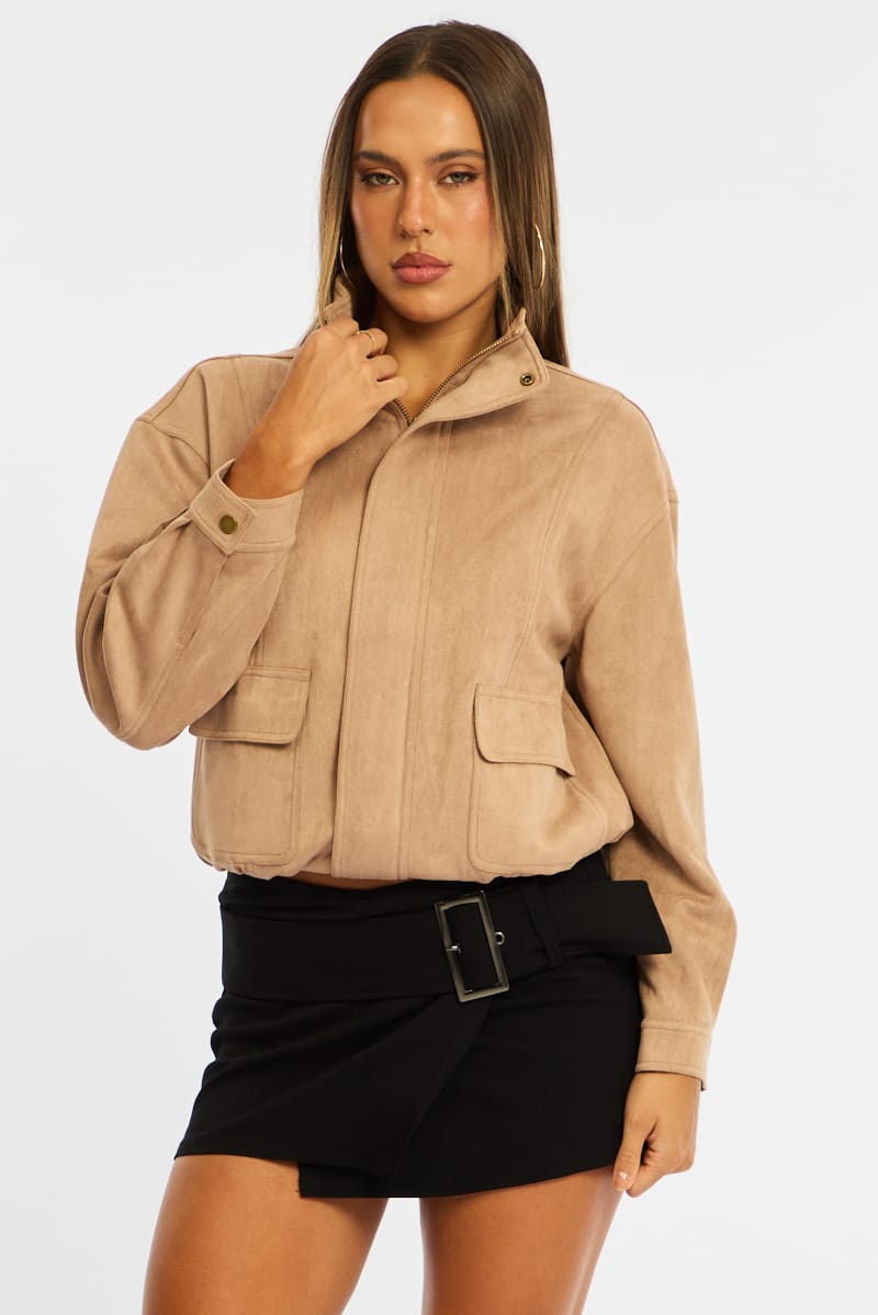 Beige Bomber Jacket Suede for Ally Fashion