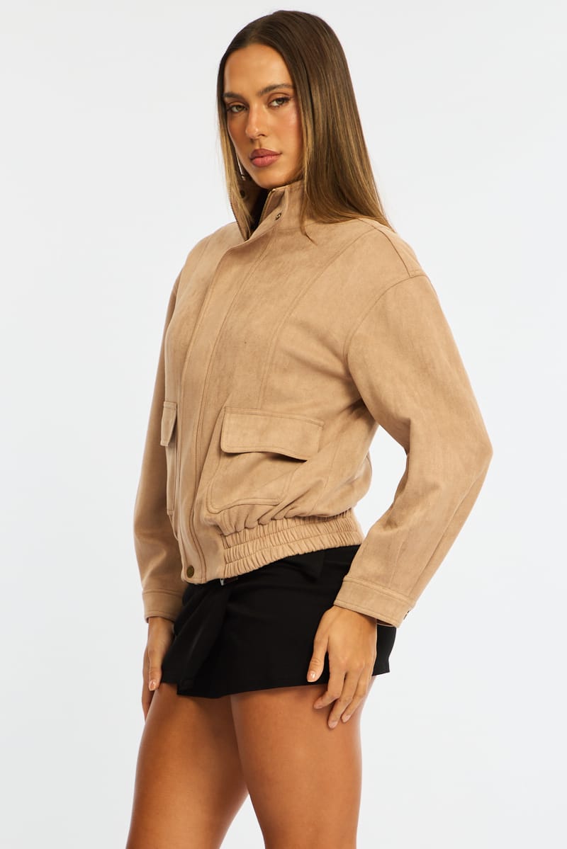 Beige Bomber Jacket Suede for Ally Fashion