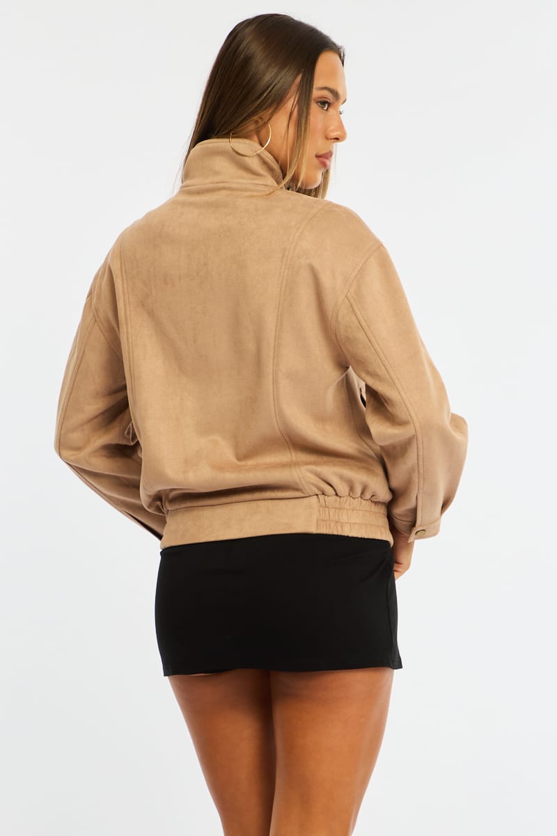 Beige Bomber Jacket Suede for Ally Fashion