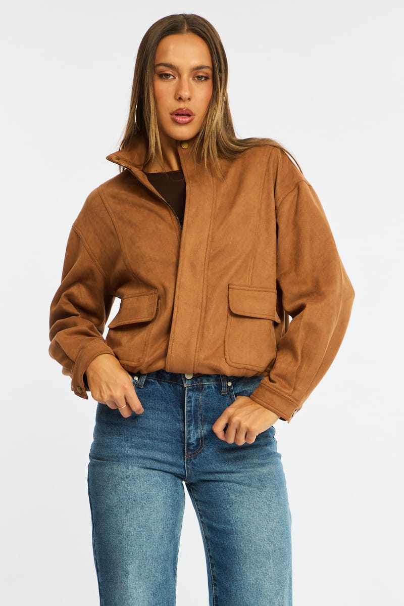Brown Bomber Jacket Suede for Ally Fashion