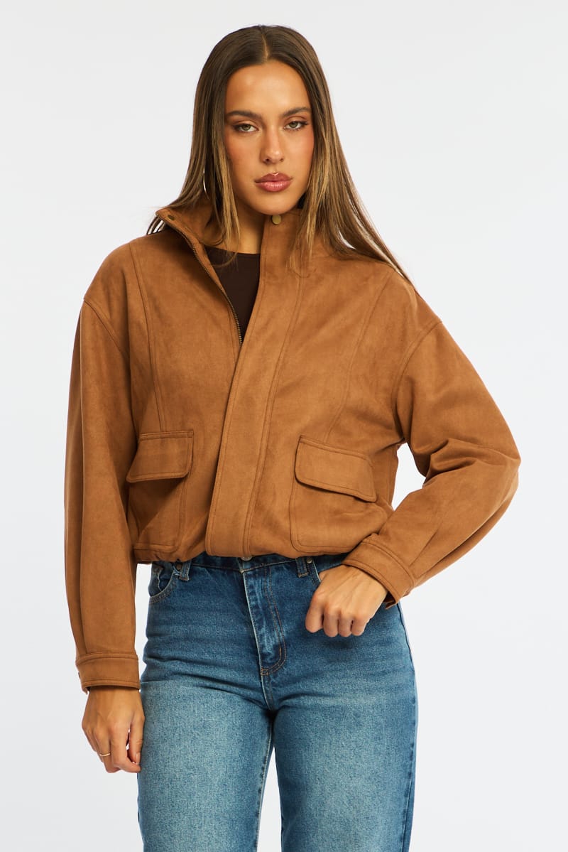 Brown Bomber Jacket Suede for Ally Fashion