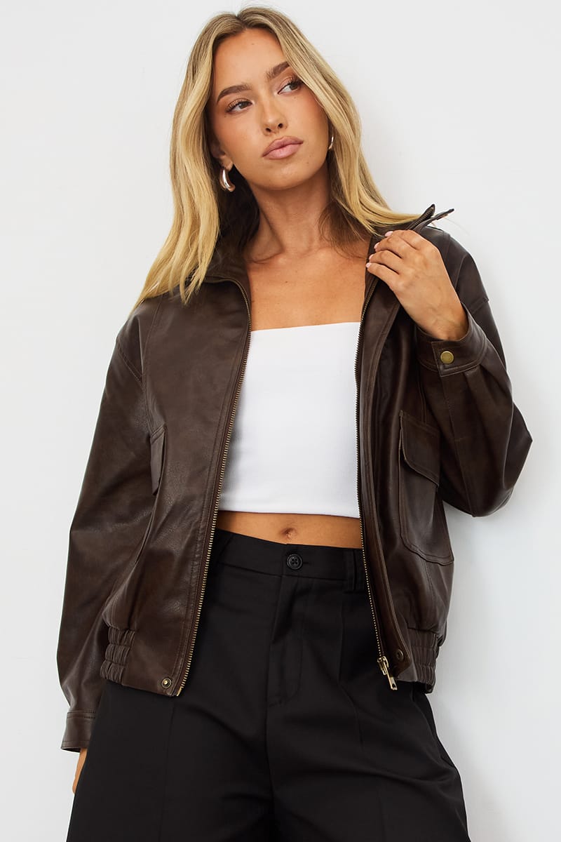 Brown Bomber Jacket Washed Faux Leather for Ally Fashion