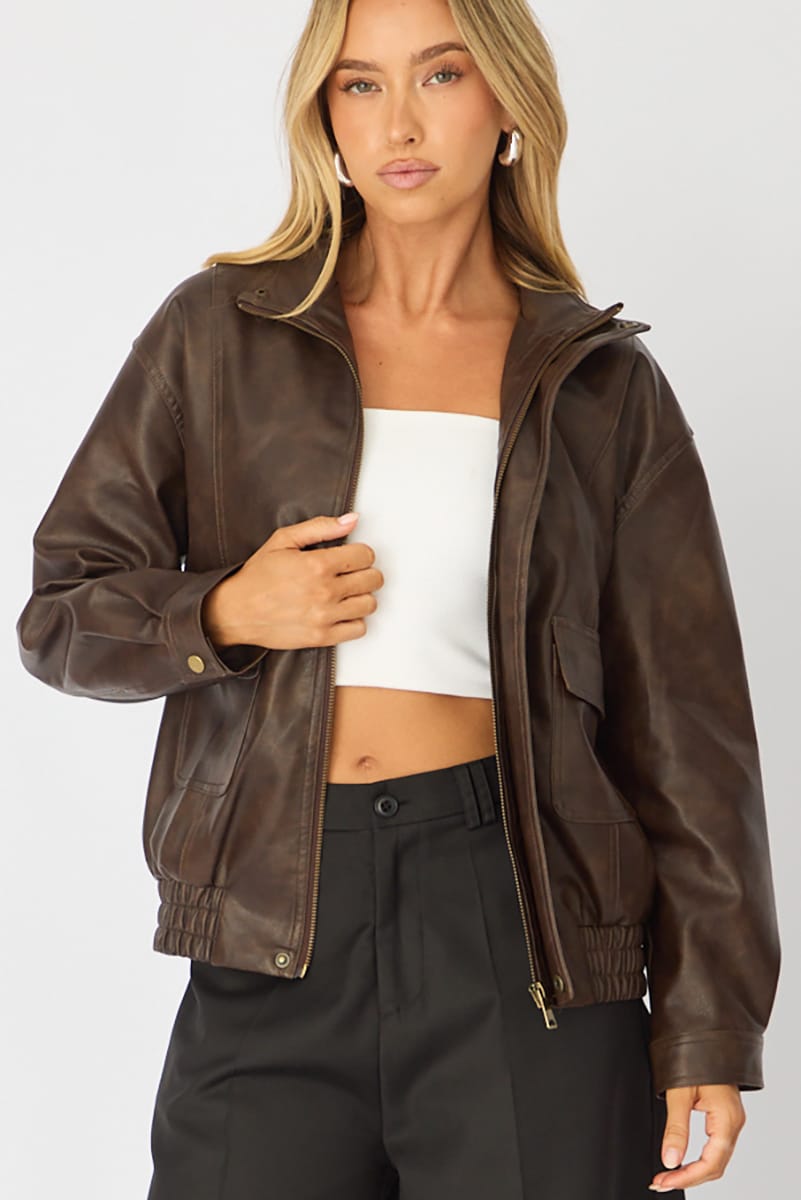 Brown Bomber Jacket Washed Faux Leather for Ally Fashion