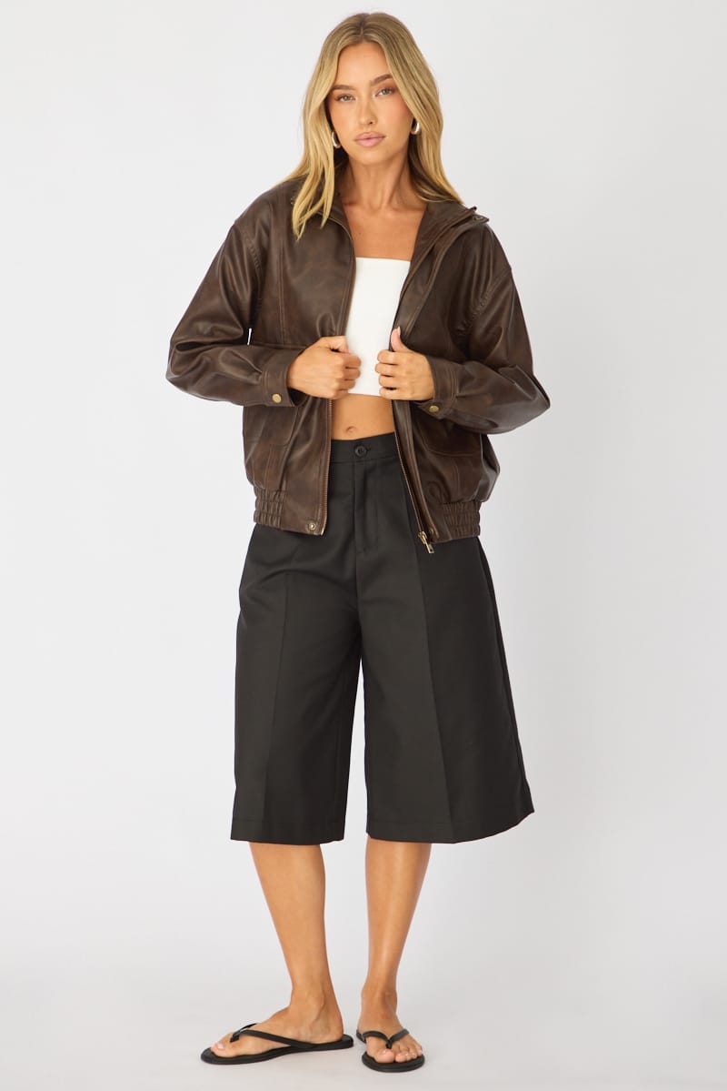 Brown Bomber Jacket Washed Faux Leather for Ally Fashion