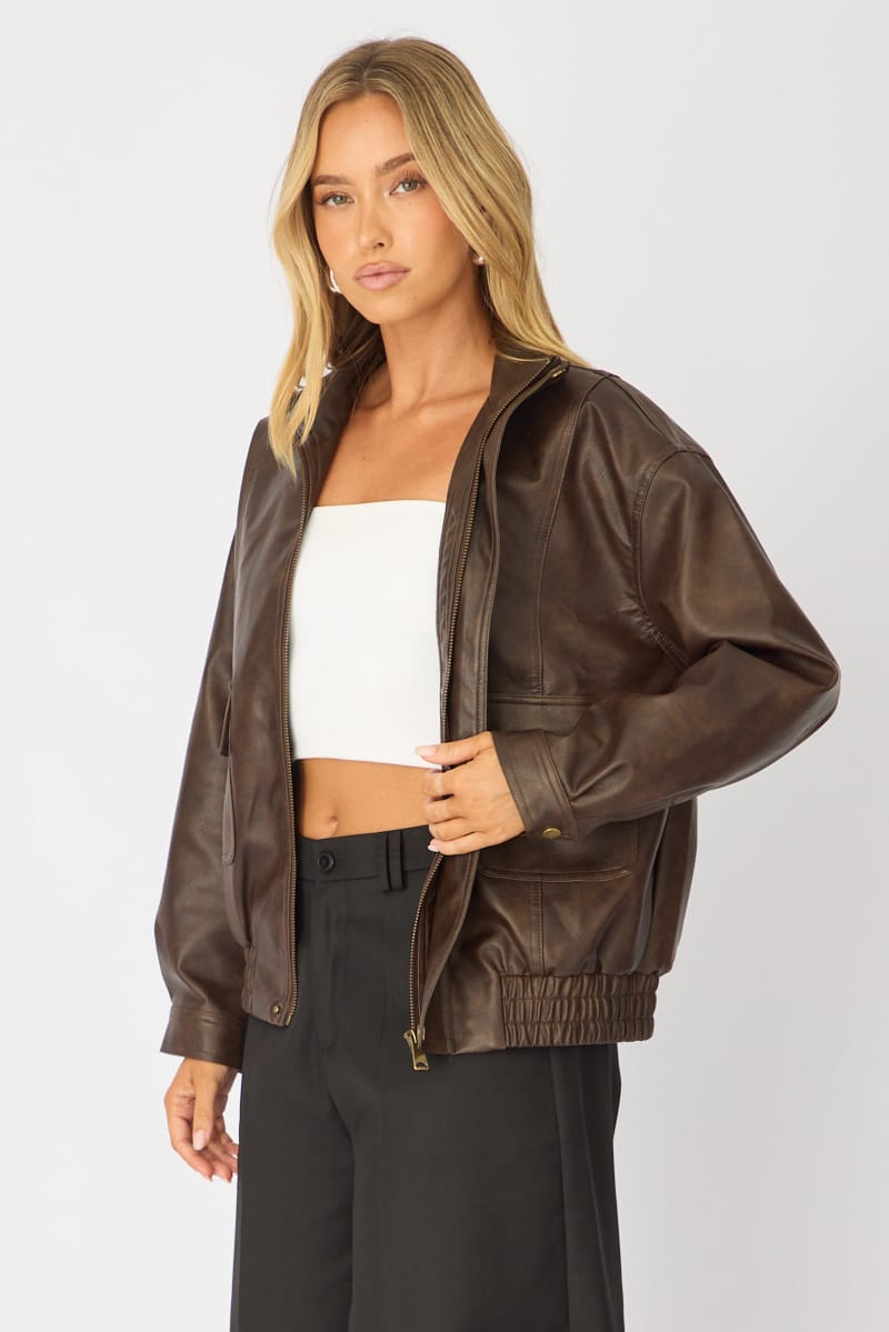 Brown Bomber Jacket Washed Faux Leather for Ally Fashion