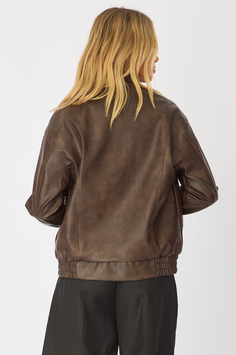 Brown Bomber Jacket Washed Faux Leather for Ally Fashion