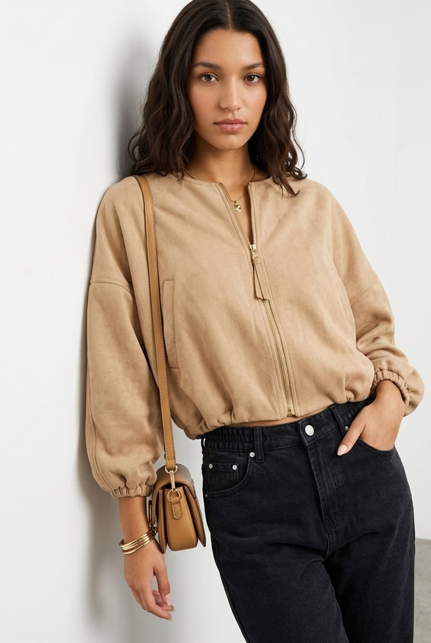 Beige Suede Bomber Jacket for Ally Fashion