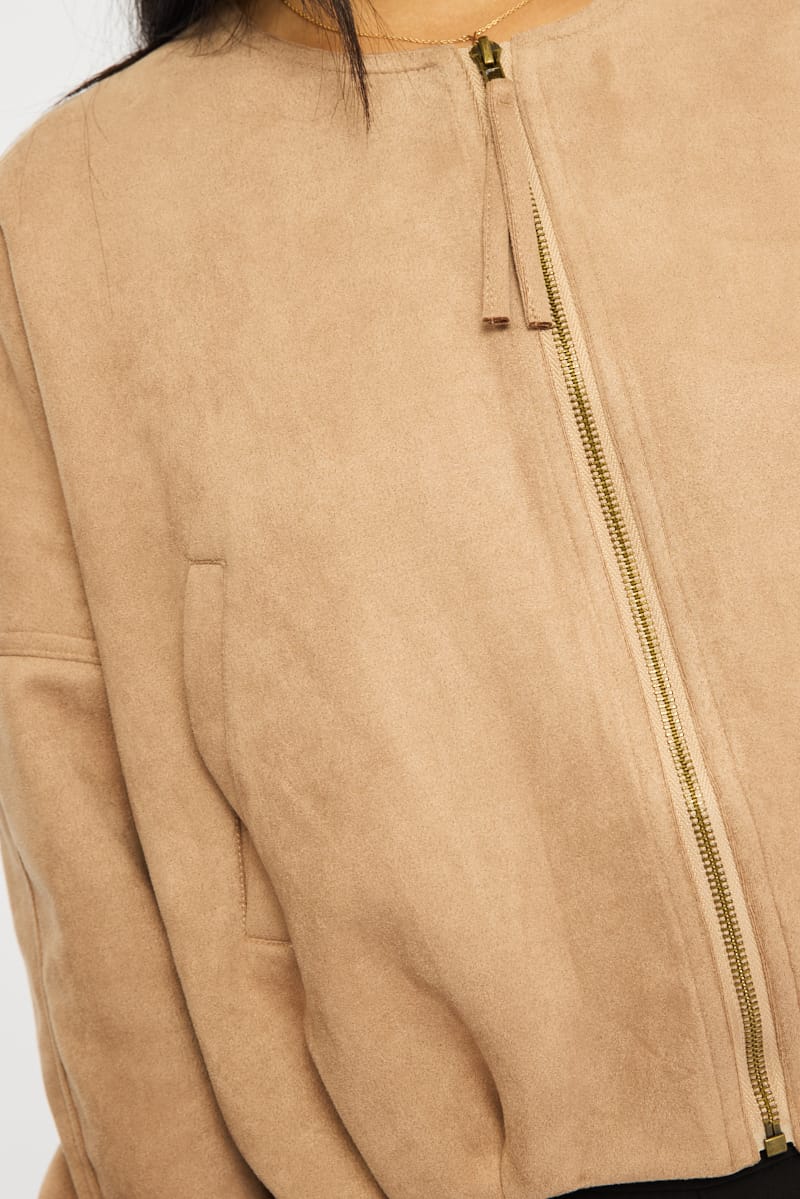 Beige Suede Bomber Jacket for Ally Fashion