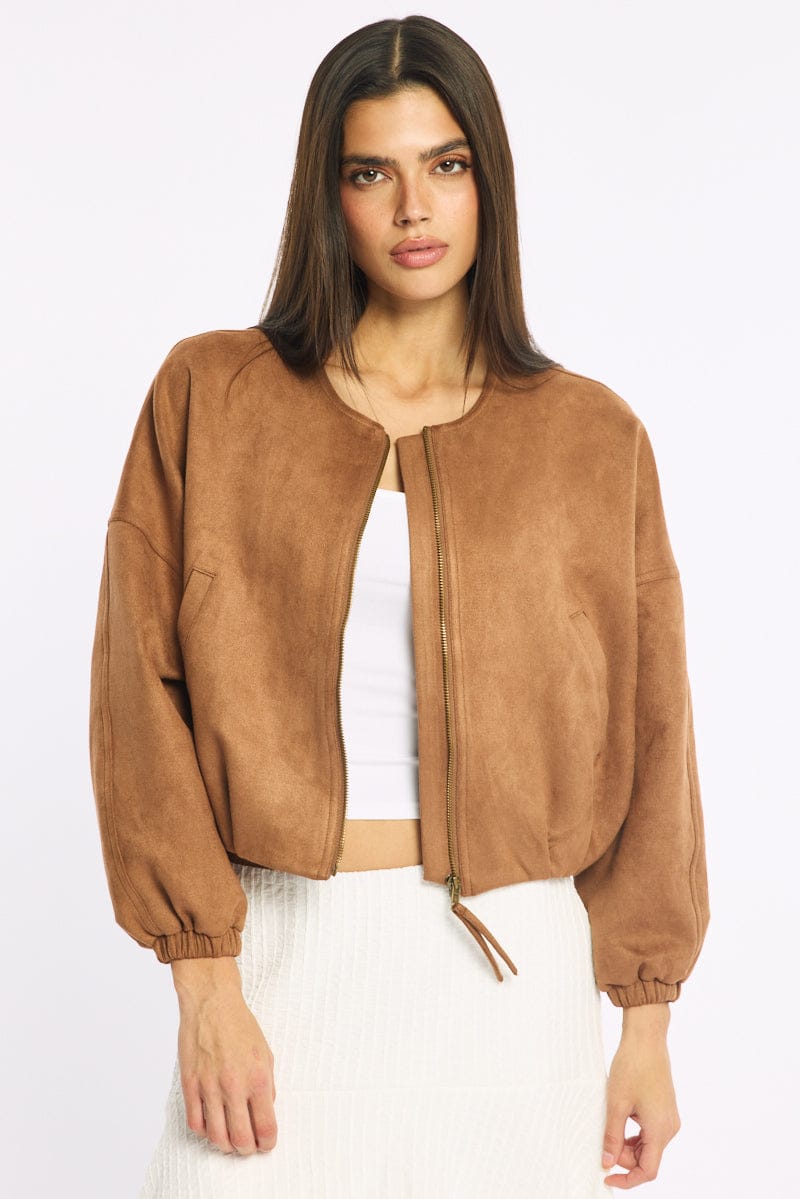 Brown Suede Bomber Jacket for Ally Fashion