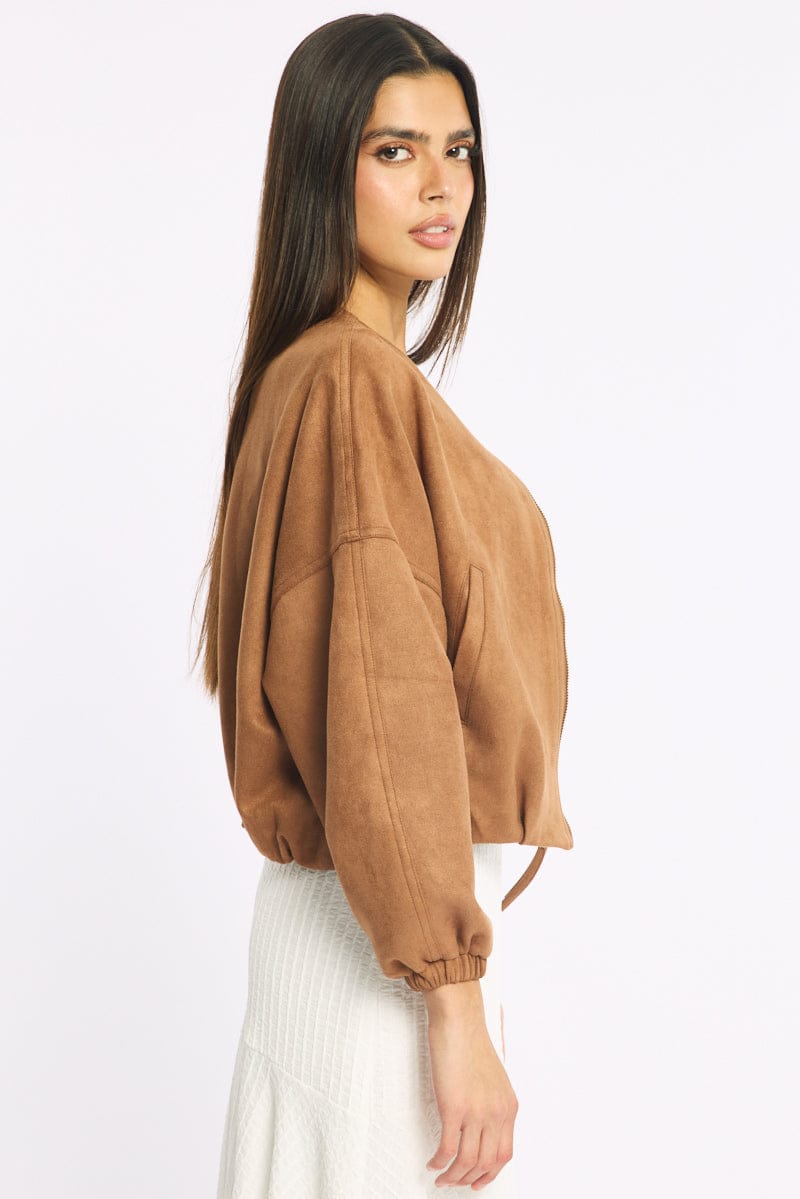 Brown Suede Bomber Jacket for Ally Fashion