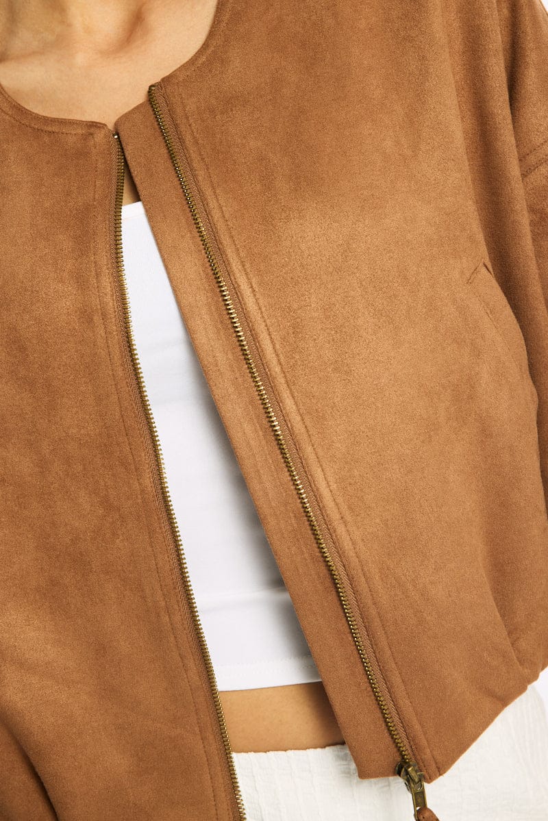 Brown Suede Bomber Jacket for Ally Fashion