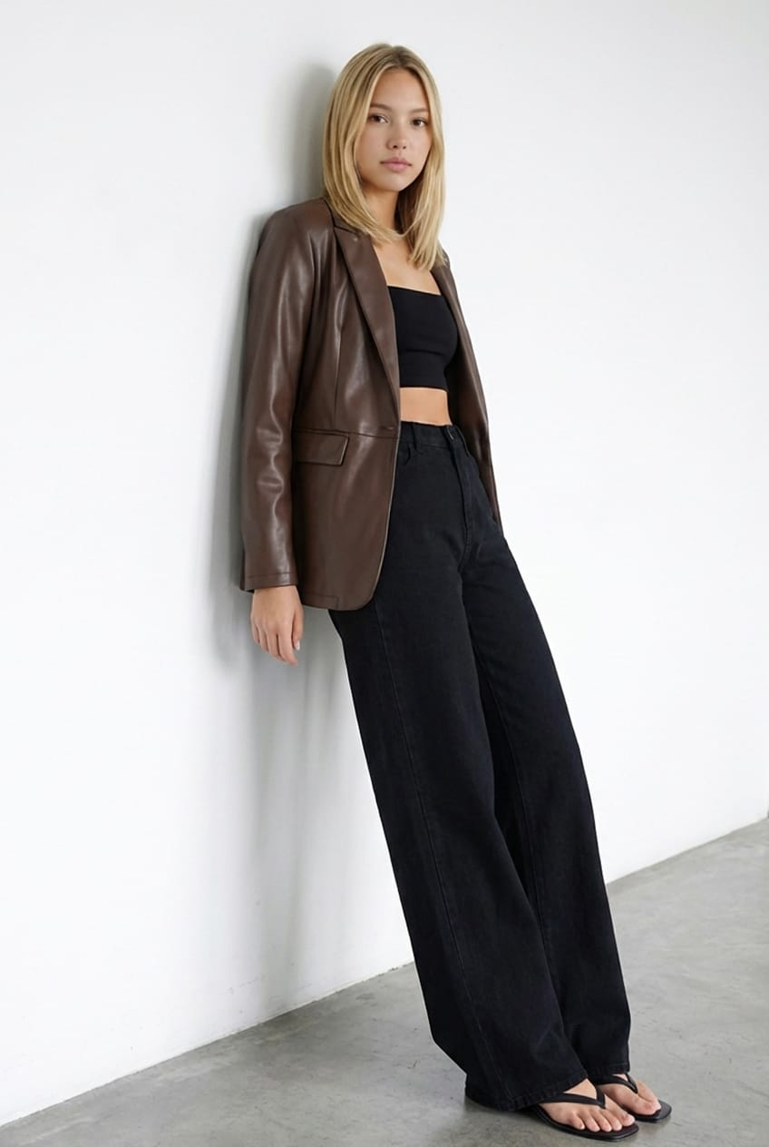 Brown Oversized Blazer Faux Leather for Ally Fashion