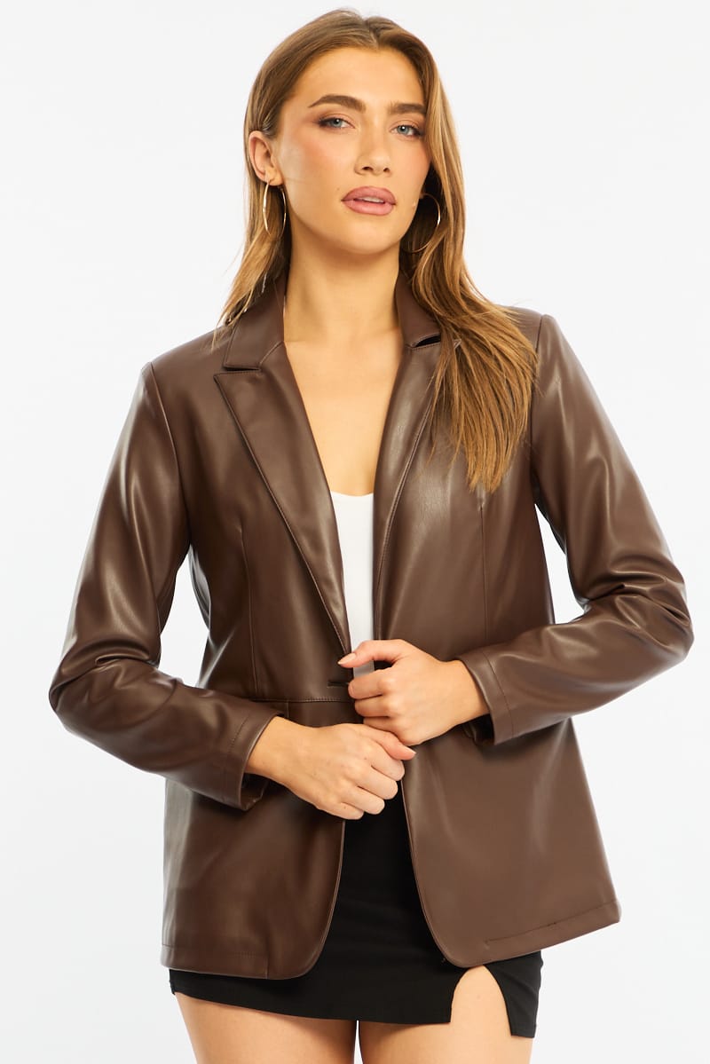 Brown Oversized Blazer Faux Leather for Ally Fashion