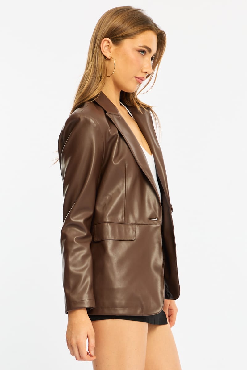 Brown Oversized Blazer Faux Leather for Ally Fashion