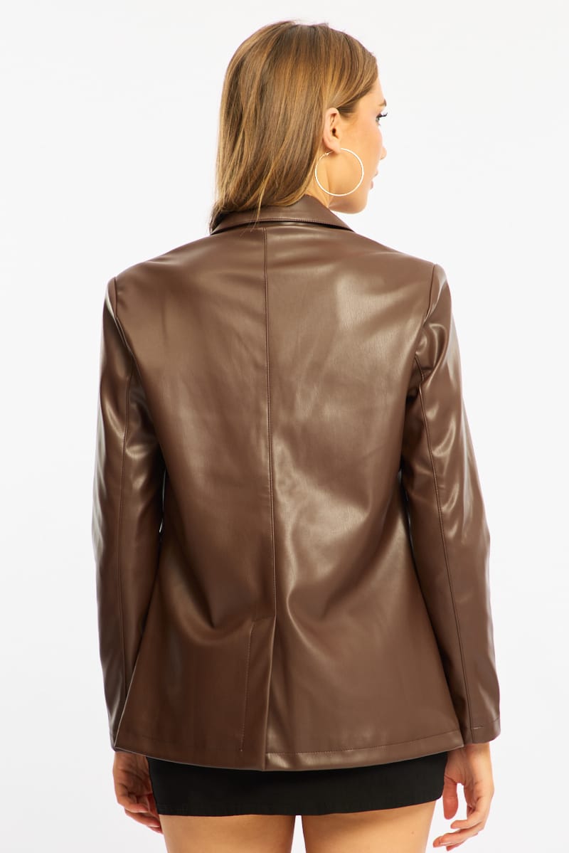 Brown Oversized Blazer Faux Leather for Ally Fashion