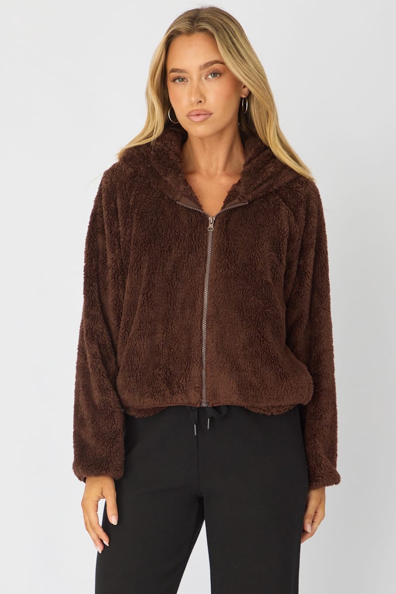 Brown Zip-up Hoodie Ultra Soft Teddy Fleece for Ally Fashion