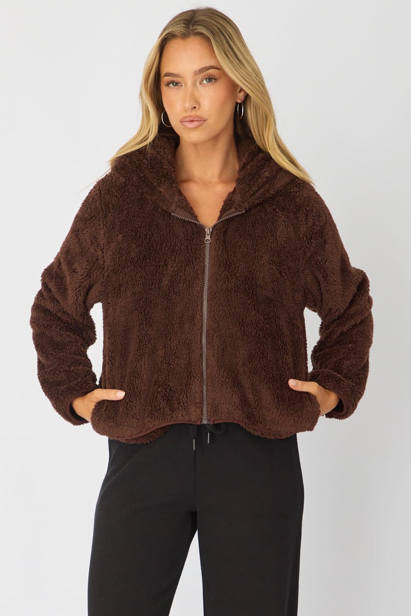 Brown Zip-up Hoodie Ultra Soft Teddy Fleece for Ally Fashion