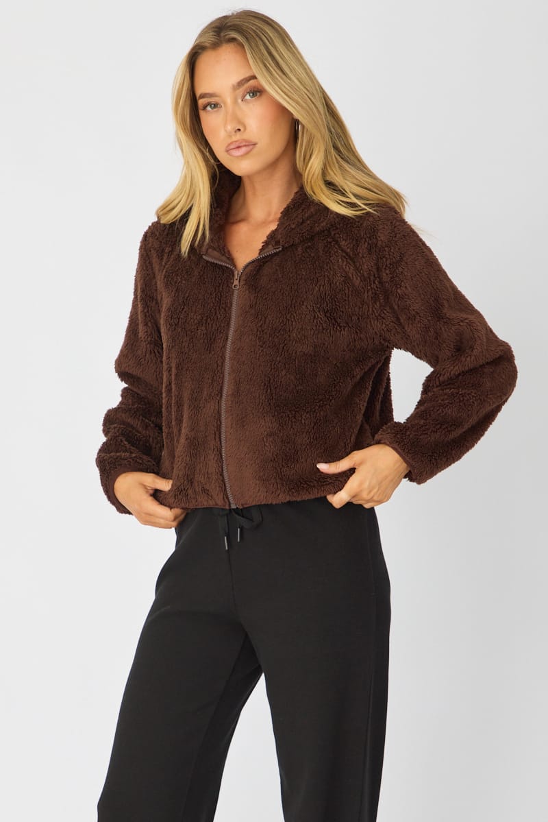 Brown Zip-up Hoodie Ultra Soft Teddy Fleece for Ally Fashion
