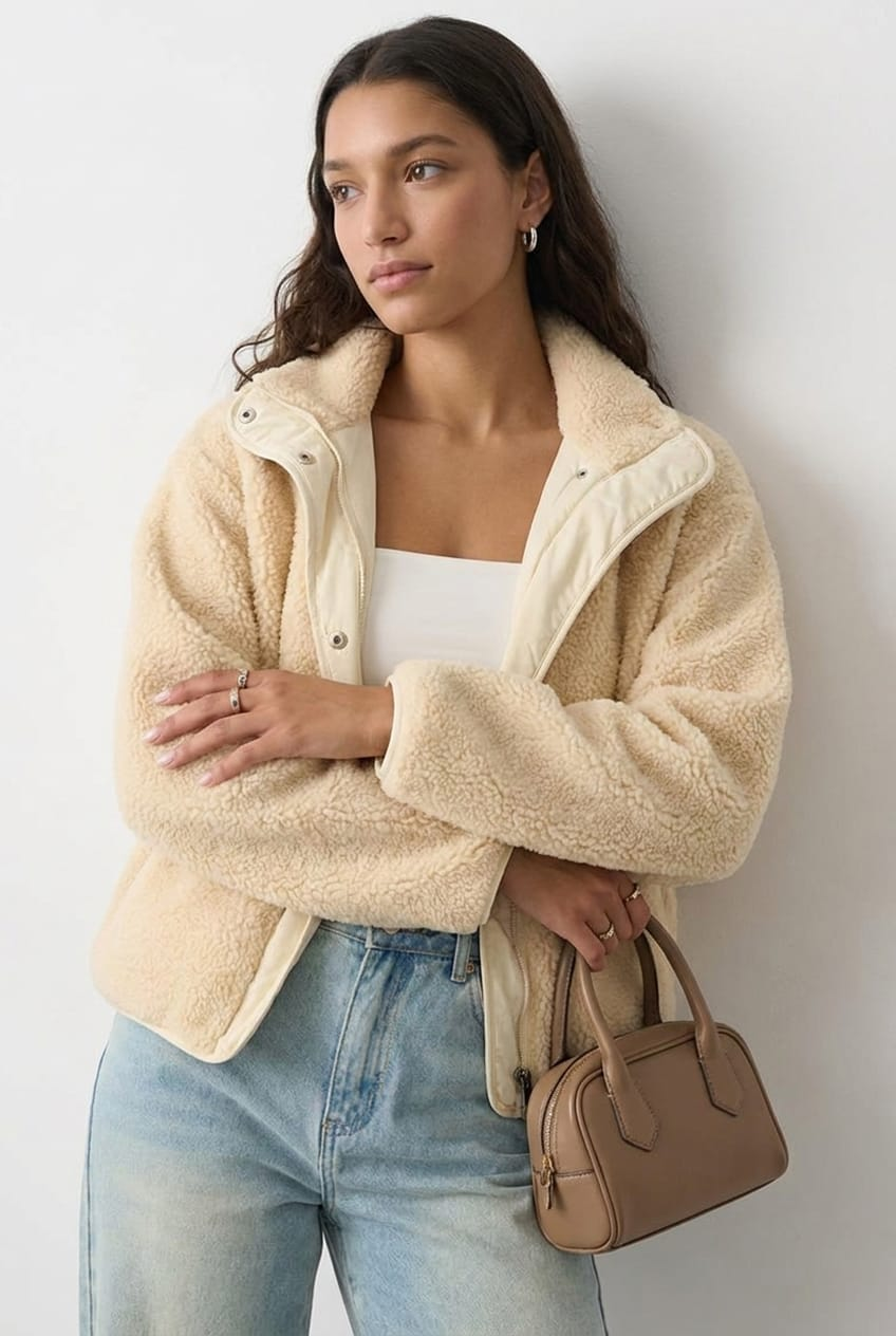 Beige Sherpa High-Neck Jacket Teddy from Ally Fashion