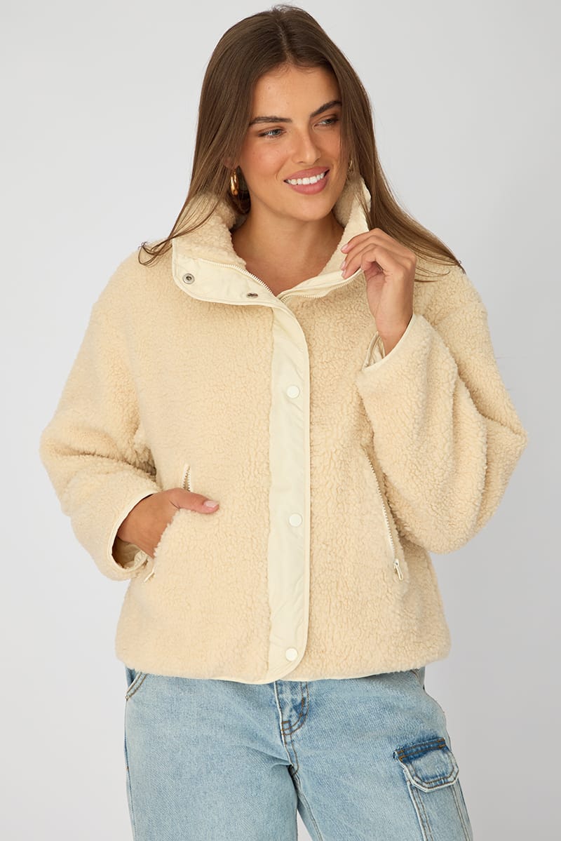 Beige Sherpa High Neck Jacket Teddy for Ally Fashion