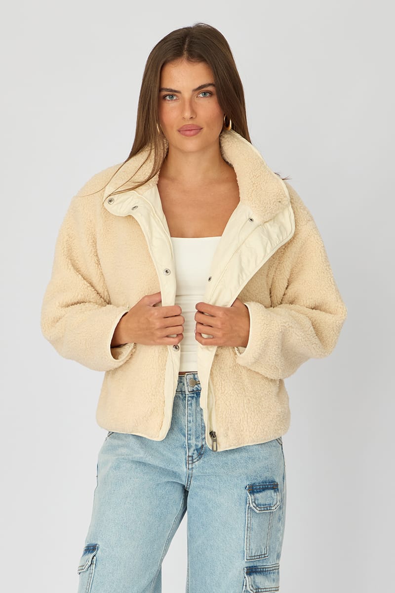 Beige Sherpa High Neck Jacket Teddy for Ally Fashion