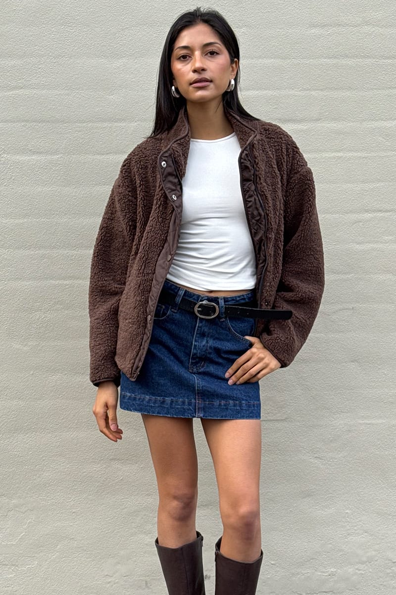 Brown Sherpa High-Neck Jacket Teddy from Ally Fashion