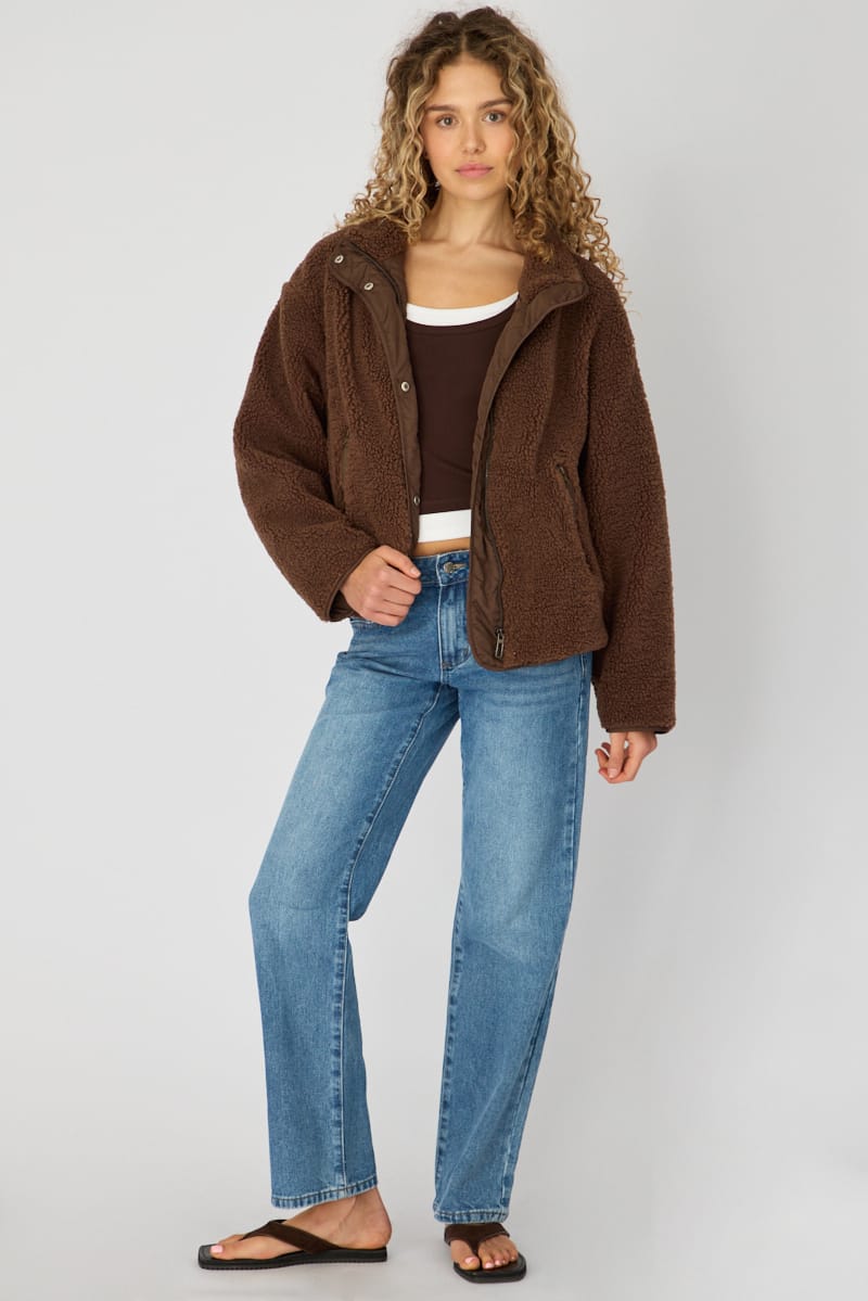 Brown Sherpa High Neck Jacket Teddy for Ally Fashion