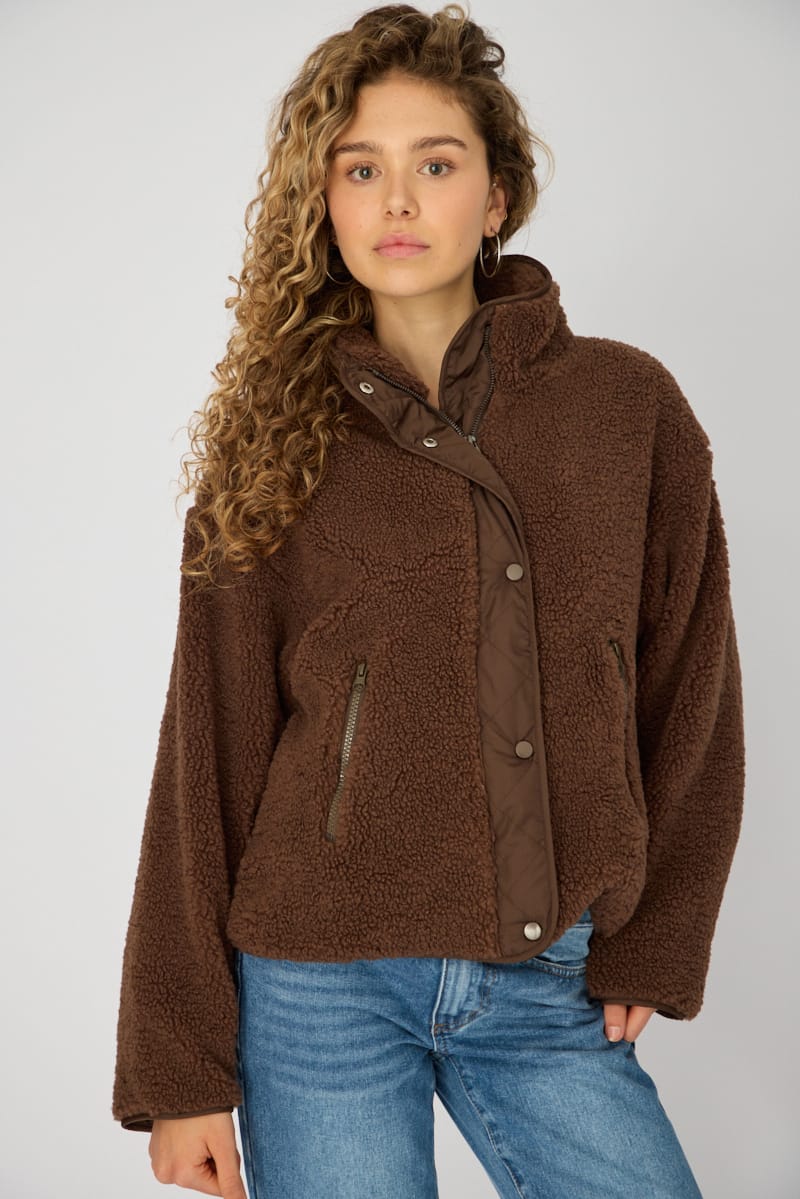 Brown Sherpa High Neck Jacket Teddy for Ally Fashion
