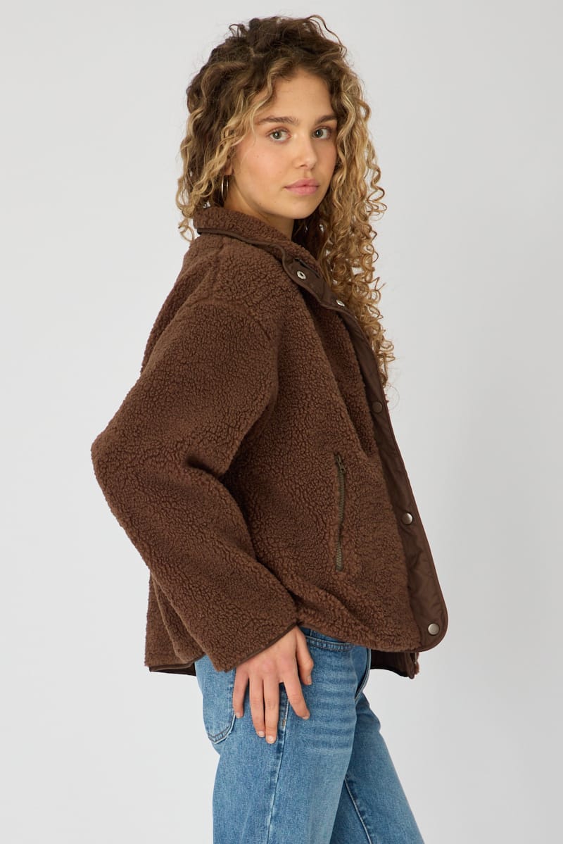 Brown Sherpa High Neck Jacket Teddy for Ally Fashion