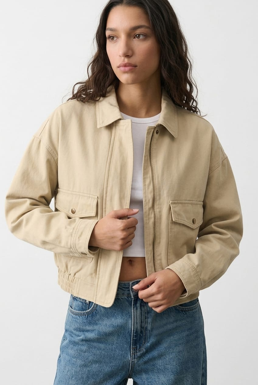 Beige Bomber Jacket Twill for Ally Fashion