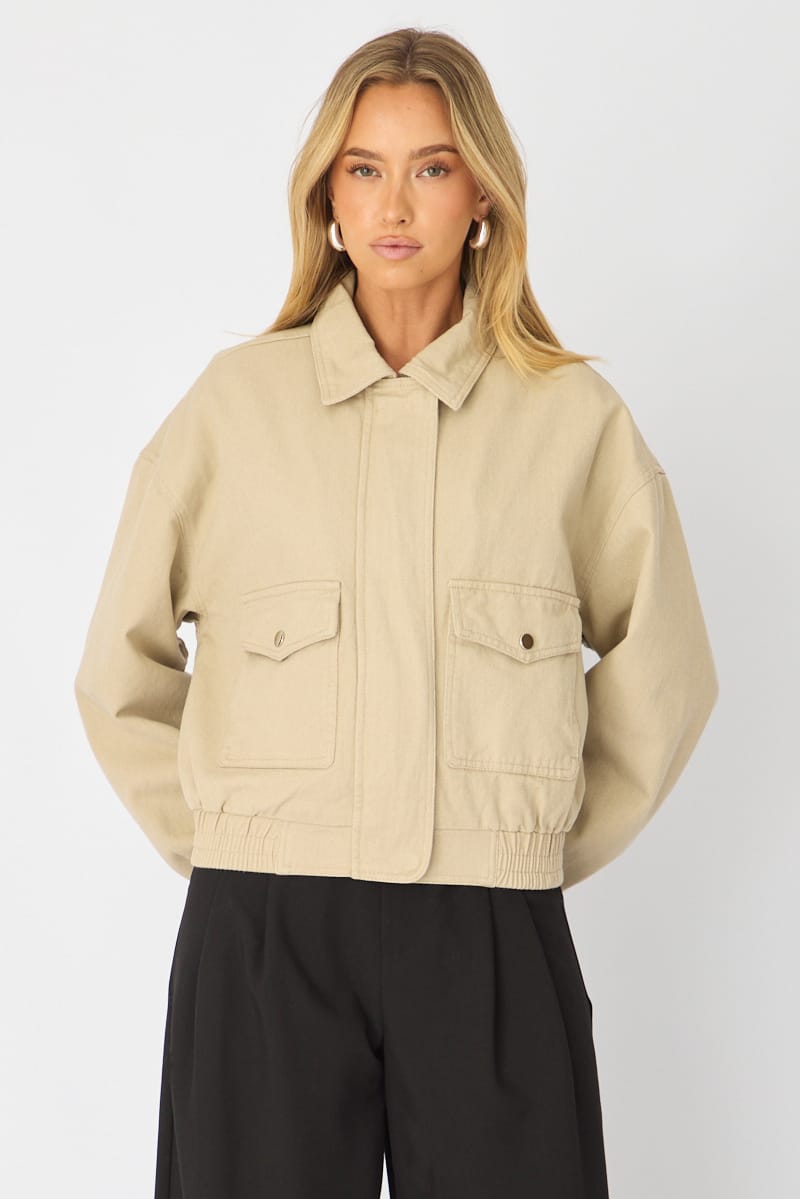 Beige Bomber Jacket Twill for Ally Fashion