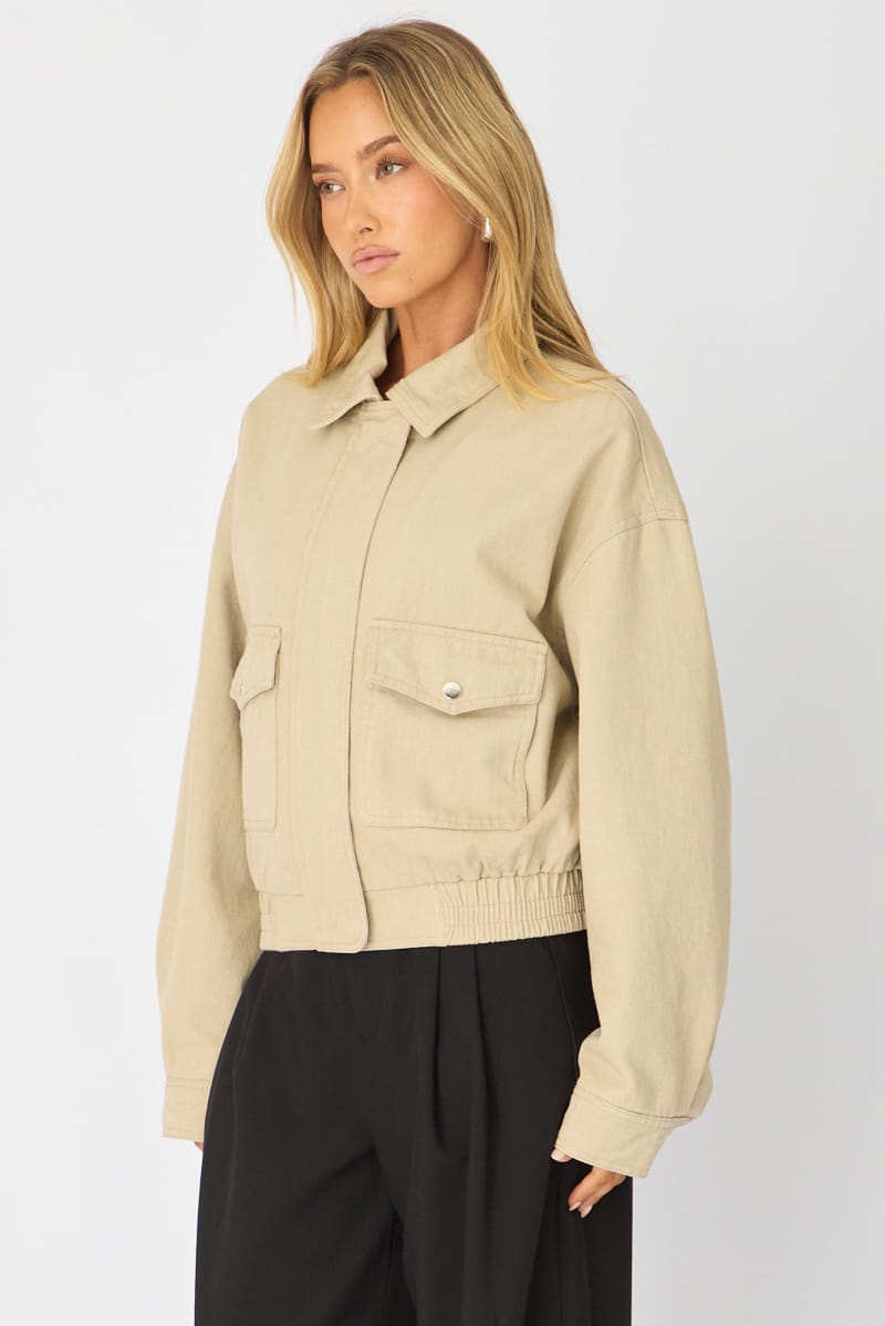 Beige Bomber Jacket Twill for Ally Fashion