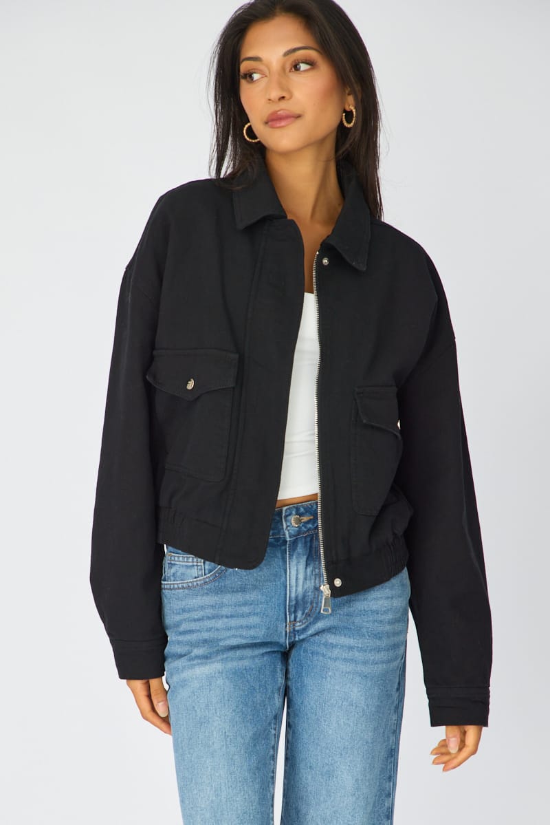 Black Bomber Jacket Twill for Ally Fashion
