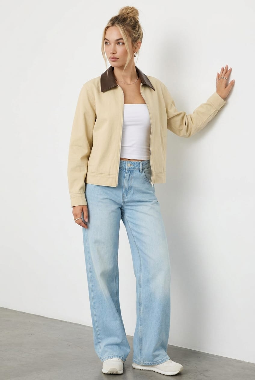 Beige Worker Jacket Faux-Leather Collar from Ally Fashion